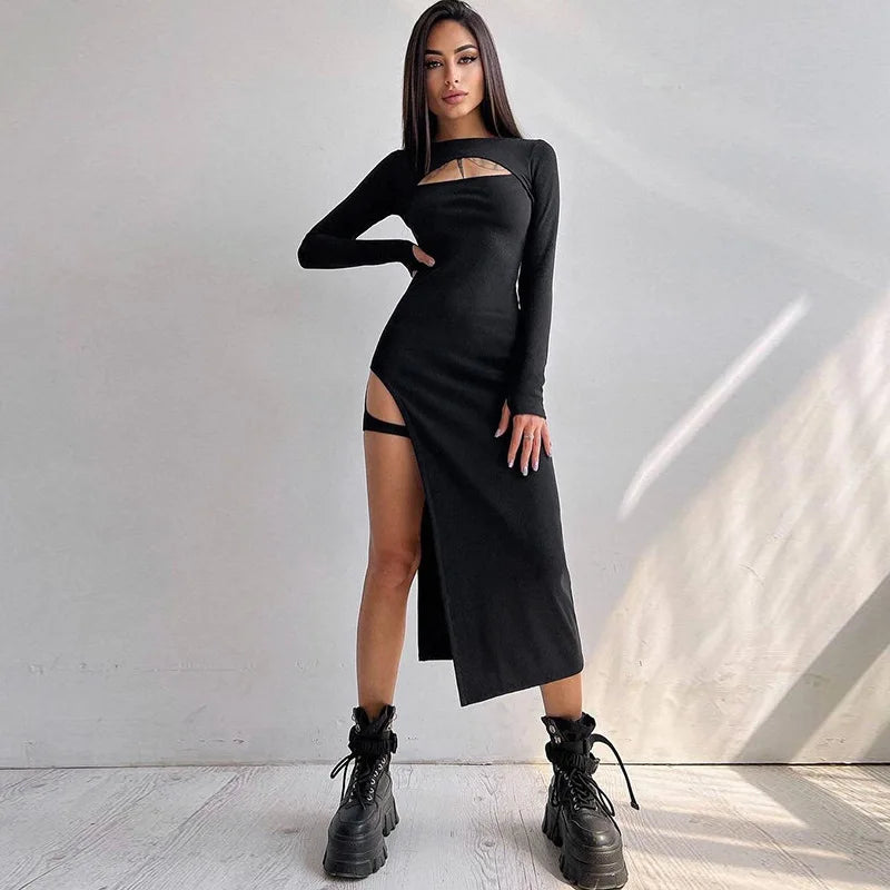 Split Hollow Knit Y2K Midi Dress