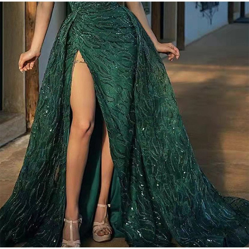 Kissnovaa - Sequin Off Shoulder High Split Inclined Shoulder Dress