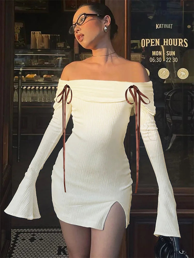 Backless Lace Up Slim MIni Dress Women's Refined Ribbed Long Sleeve Off Shoulder Summer 2024 Dress Female Party Dress