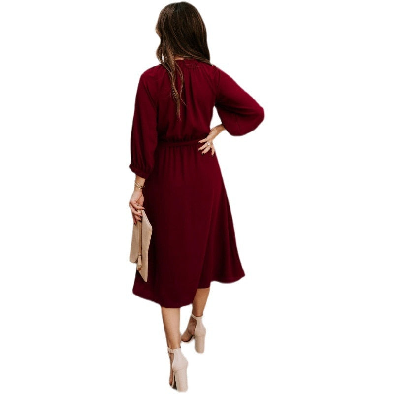 Refined Office Dress Formal Loose Green Long Sleeve Belt ALine Midi Dresses