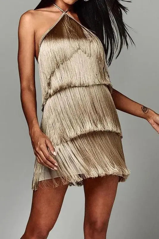 Tassel Silky Halter Mini Dress