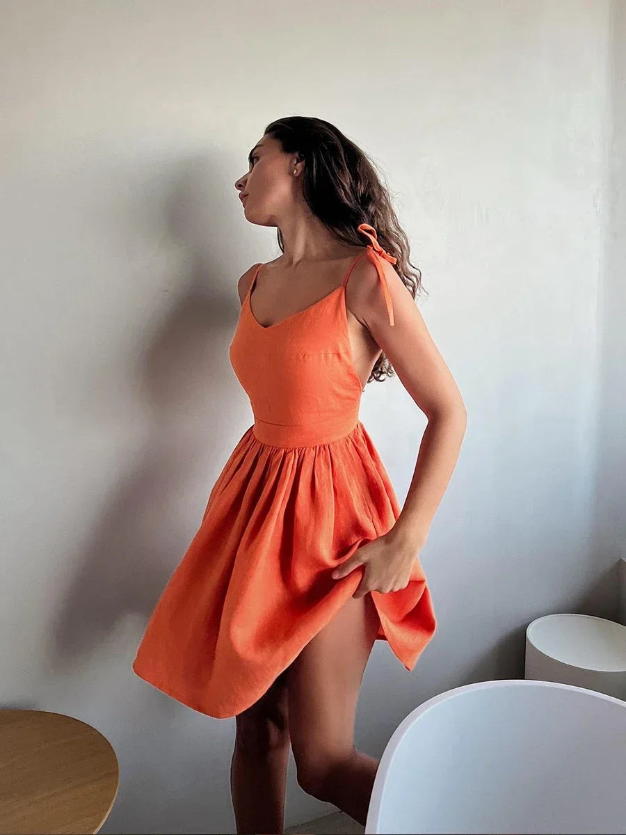 Neck V Spaghetti Strap Cotton Mini Dress