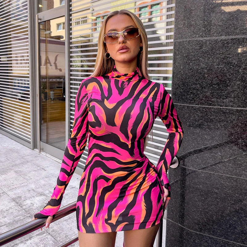 Print Zebra Long Sleeve Wrap Mini Dress