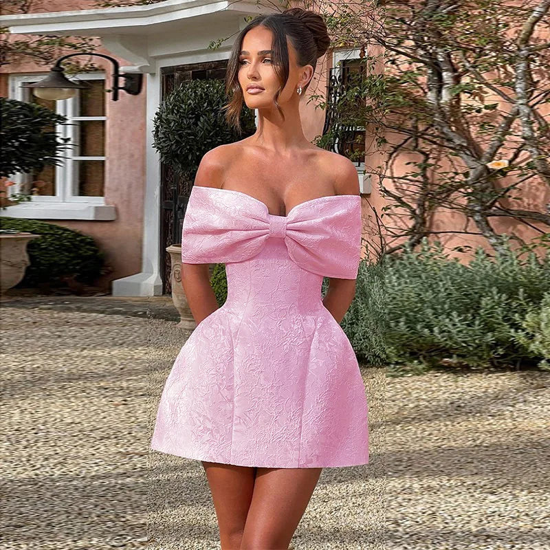 Bow Jacquard Strapless Backless Mini Dress