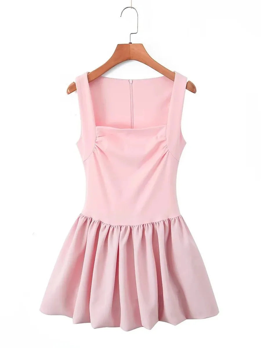 Spring Pink Sweet Mini Dress Women Square Collar Sleeveless Short A line Vestidos Sophisticated Fashion Casual Female Dresses 2025