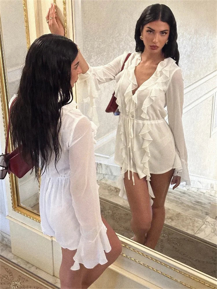 White Ruffled Chic Mini Dress Women's Lace Up See Through Long Sleeve Fashion V Neck Party Dress Female Bandage Mini Dress