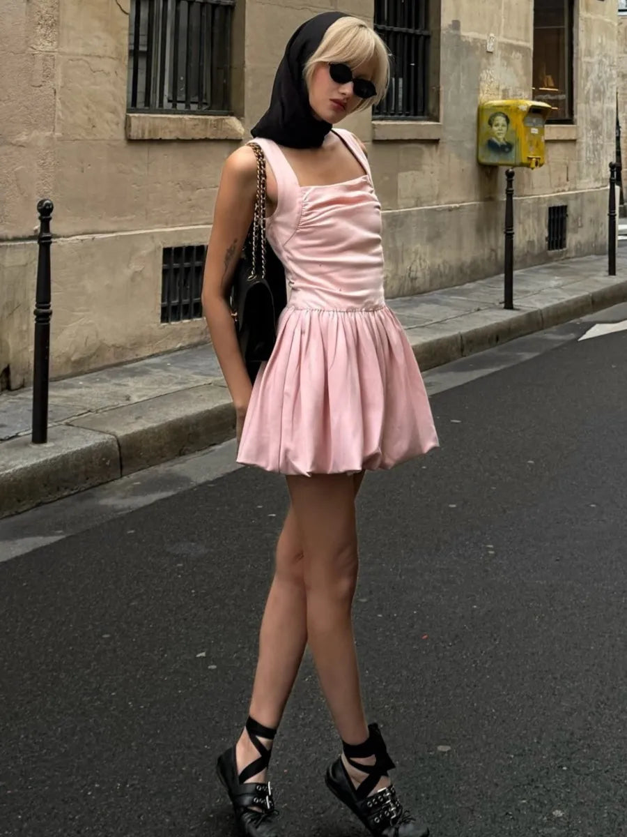 Spring Pink Sweet Mini Dress Women Square Collar Sleeveless Short A line Vestidos Sophisticated Fashion Casual Female Dresses 2025