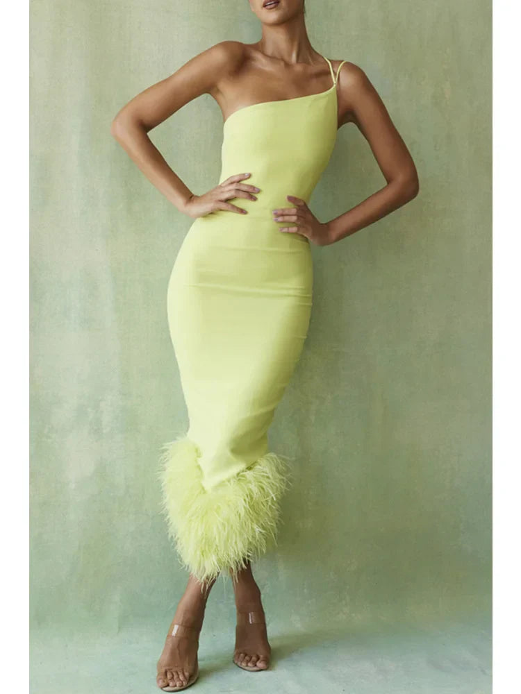 Spaghetti legant Strap Feather Midi Dress