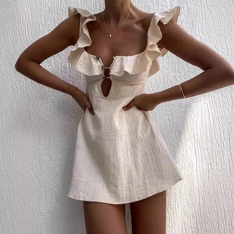 Ruffled Hollow Cotton Beach Gothic Mini Dress