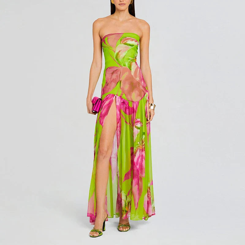 Strapless Printed Pleated Midi Dress