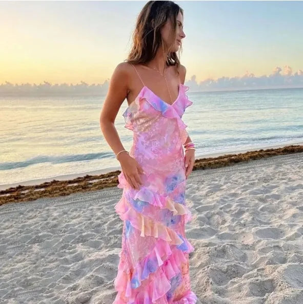 Spaghetti Colorful Strap Printed Midi Dress