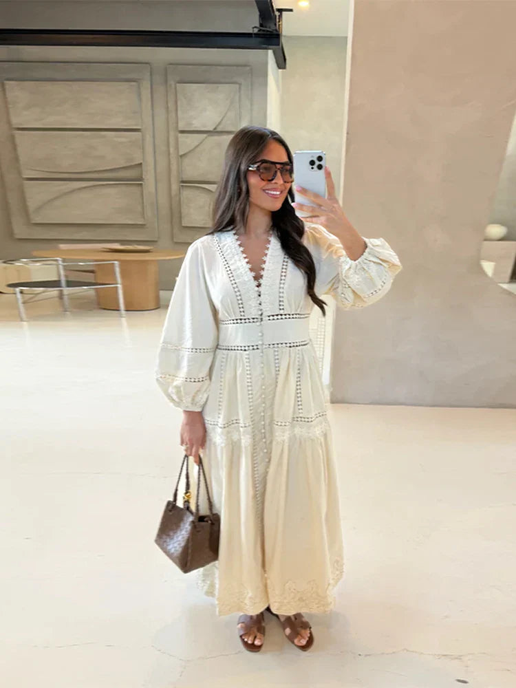 Lace Hollow Vneck Patchwork Maxi Midi Dress