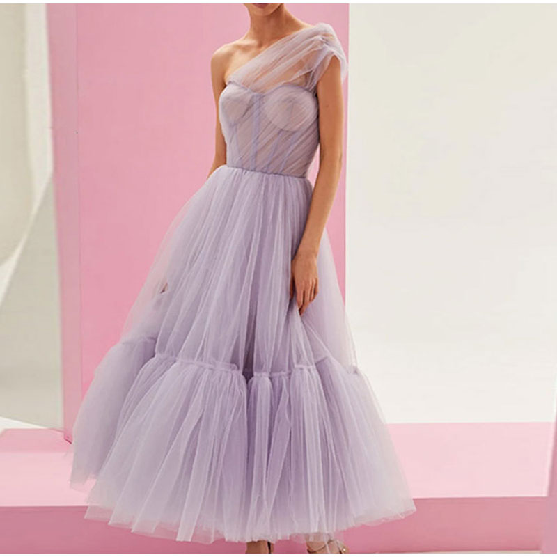Kissnovaa - One Shoulder Tulle Mesh Evening Party A-Line Tutu Dress