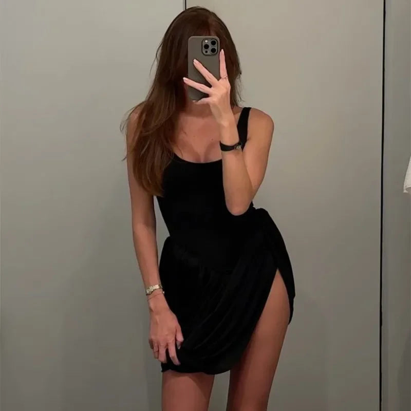 Slit Patchwork Vest High Waist Mini Dress