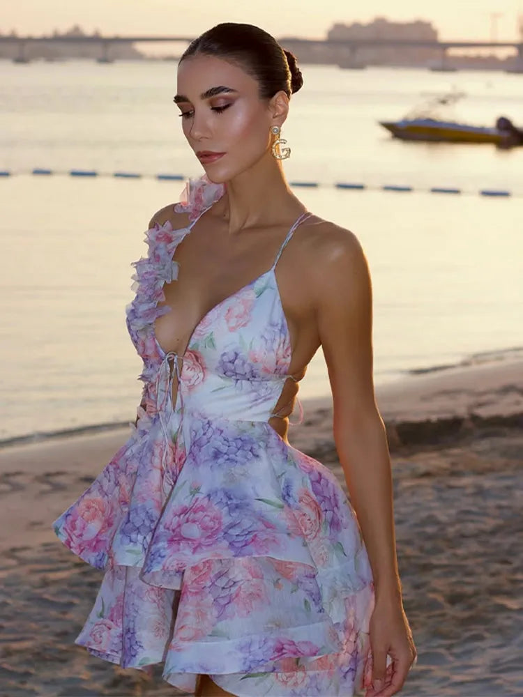 Patchwork Bloom Mesh V Neck Mini Dress