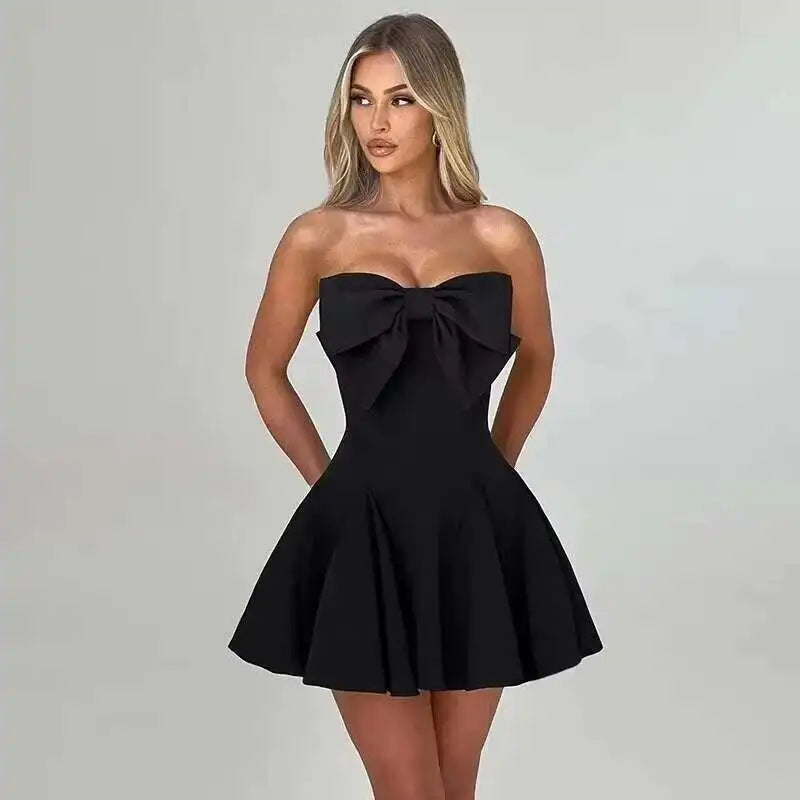 Bow Pearl Waist Wrap Backless Mini Dress