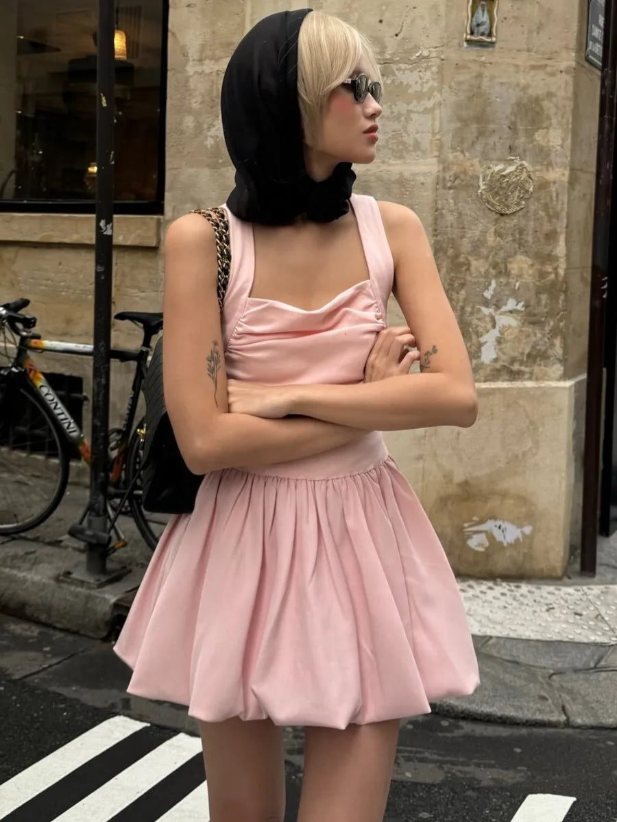Spring Pink Sweet Mini Dress Women Square Collar Sleeveless Short A line Vestidos Sophisticated Fashion Casual Female Dresses 2025