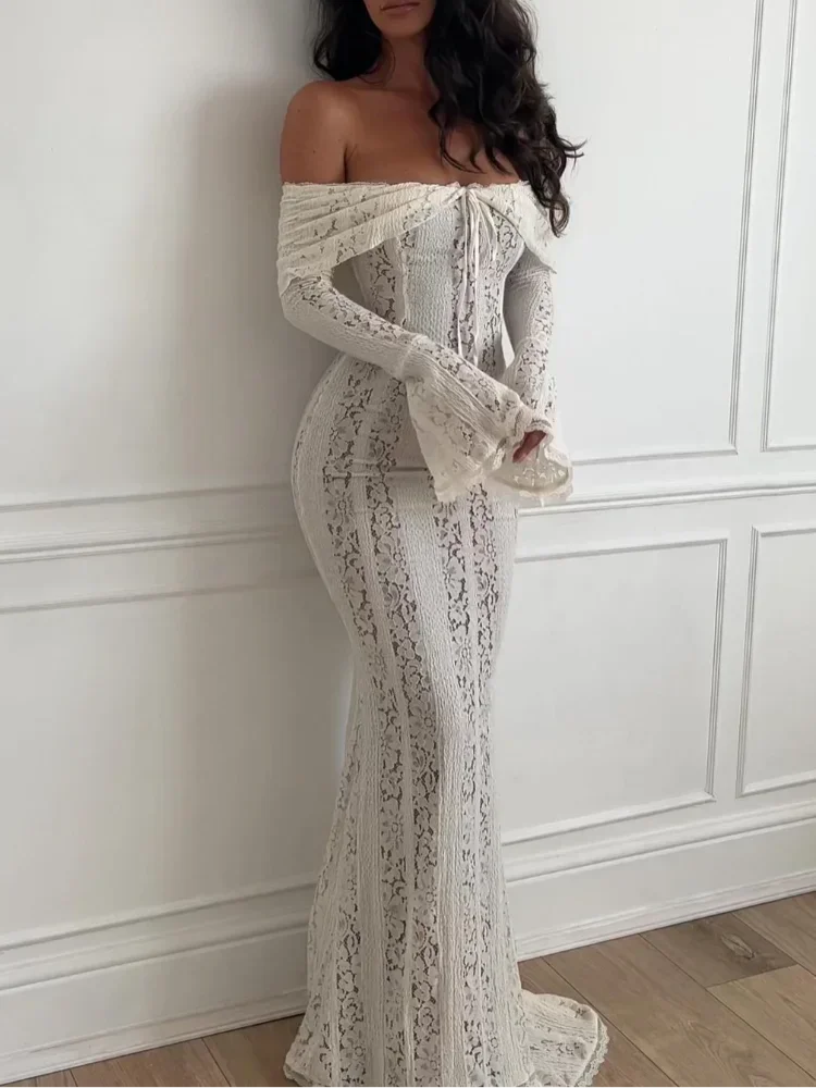 Sexy Hollow Out Lace Maxi Dress Female Backless See Through Slim Lace Up Bandeau Dress Women's White Deluxe Long Dress