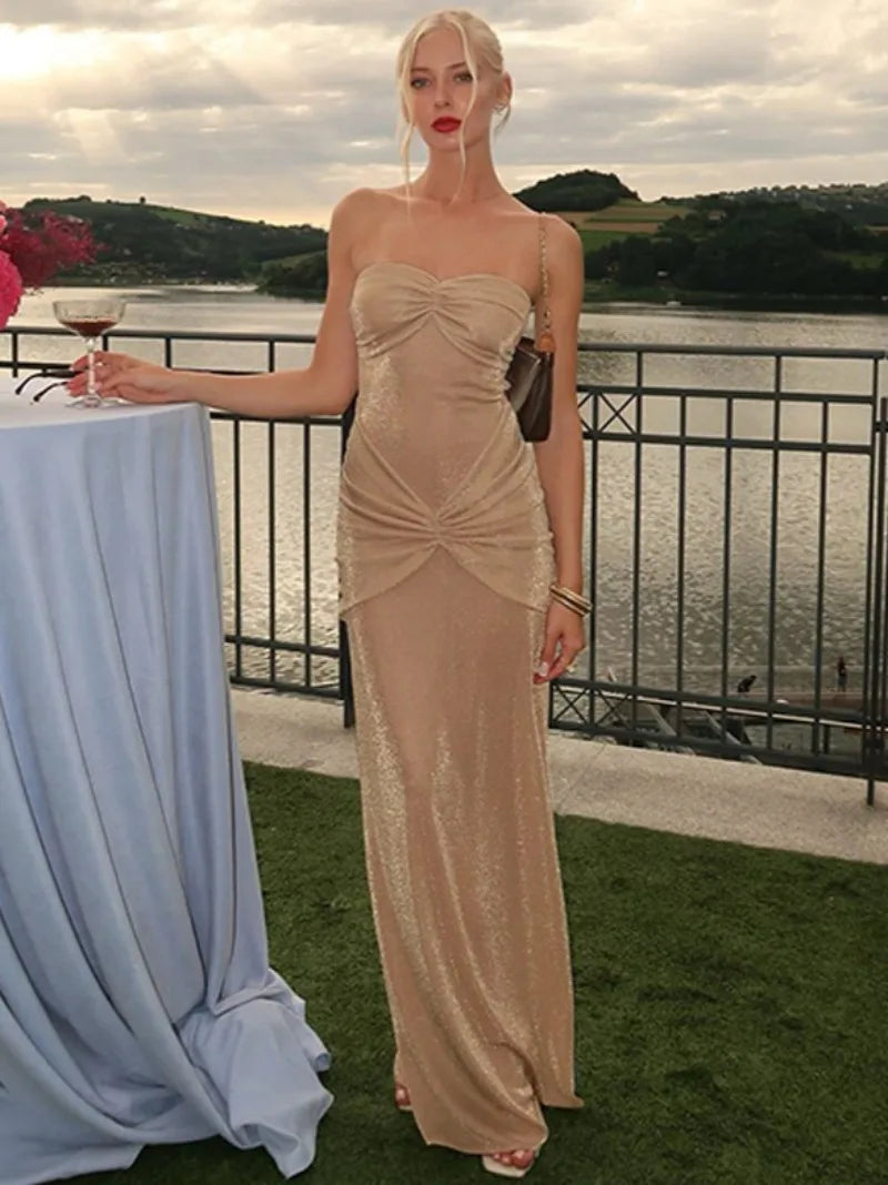 Graceful Strapless Long Maxi Mermaid Dress 2025 Women Sleeveless High Waist Ruched Backless Weddiing Party Evening Prom Dresses