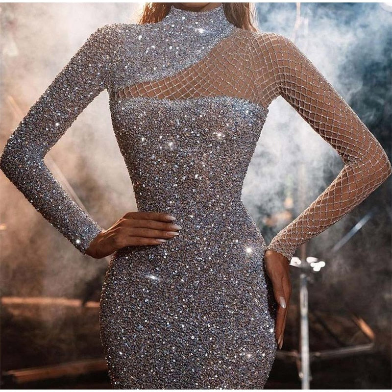 Kissnovaa - Sequins Glitter Solid Slim Half High Collar Long Sleeve Dress