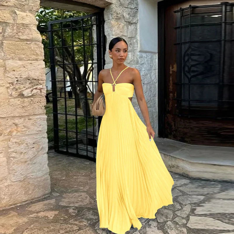 Pleated Edition Blue Halter Maxi Dress