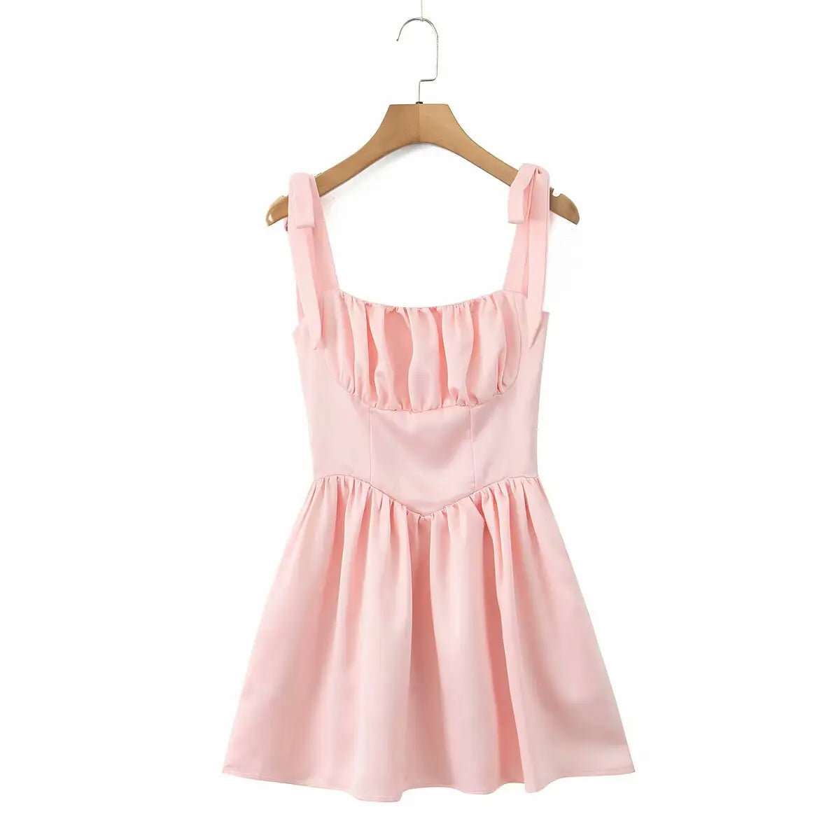 2025 Pleated Design Tie up Sleeveless Summer Dresses Women Solid Color Fitted Fit Mini Dress Simple Fashion Party Dress