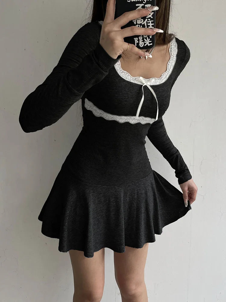Lace Patchwork Square Neck Mini Dress