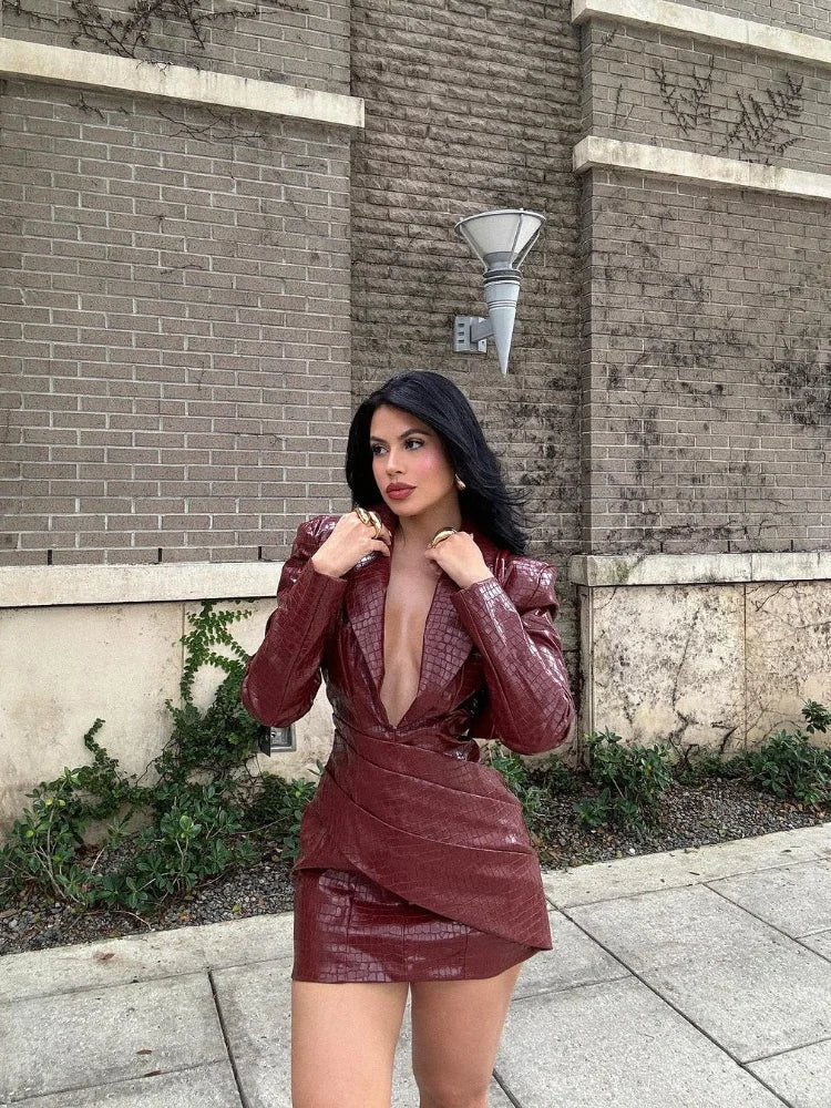 Women Attractive Deep V Red Lattice Leather Mini Dress Fashion Long Sleeve High Waist Fold Slim Dresses Lady Highstreet Short Robe