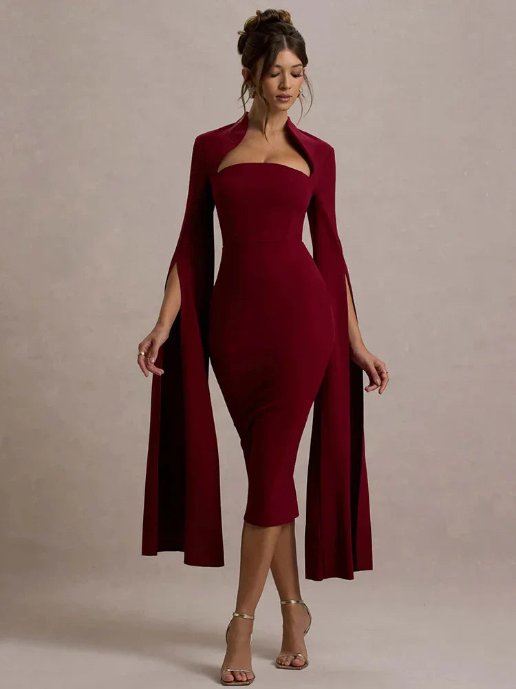 Long Cape Sleeve Back Slit Midi Dress