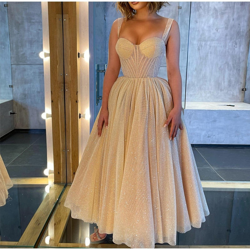 Kissnovaa - Spaghetti Straps Shinny Sequins Evening Party Dress