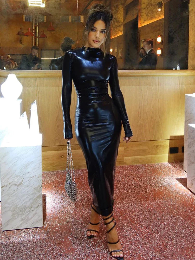 Leather Faux Turtleneck Slim Midi Dress