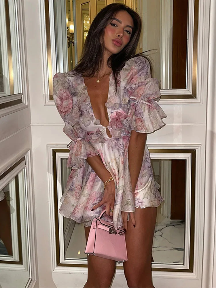 Patchwork Bloom Mesh V Neck Mini Dress