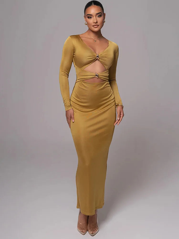 Long Hollow Sleeve Bodycon Midi Dress