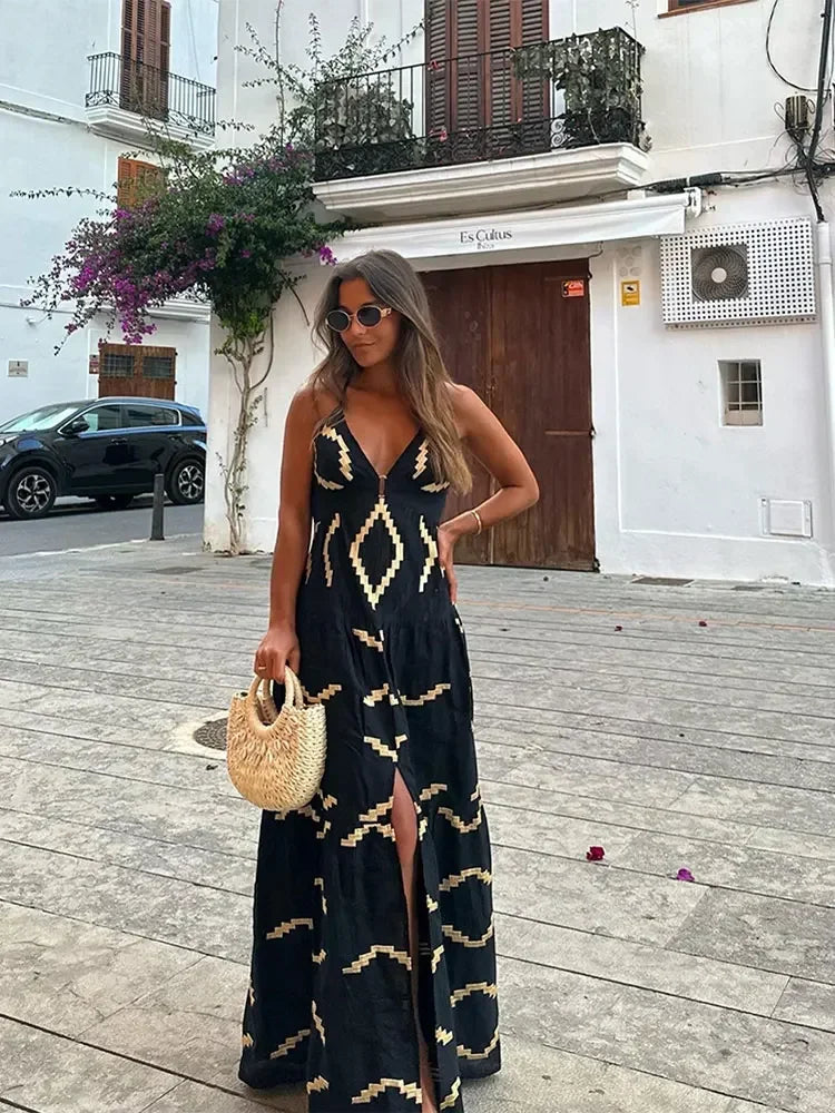 Stylish Backless Women Print Halter Maxi Dress Fashion Deep V neck High Waist Split Dresses Summer Lady Loose High Street Robe