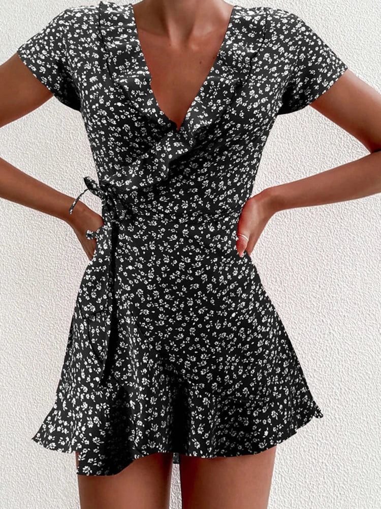 Julia Statement Flower Mini Dress with V Neck and a Line Design Boutique Collection
