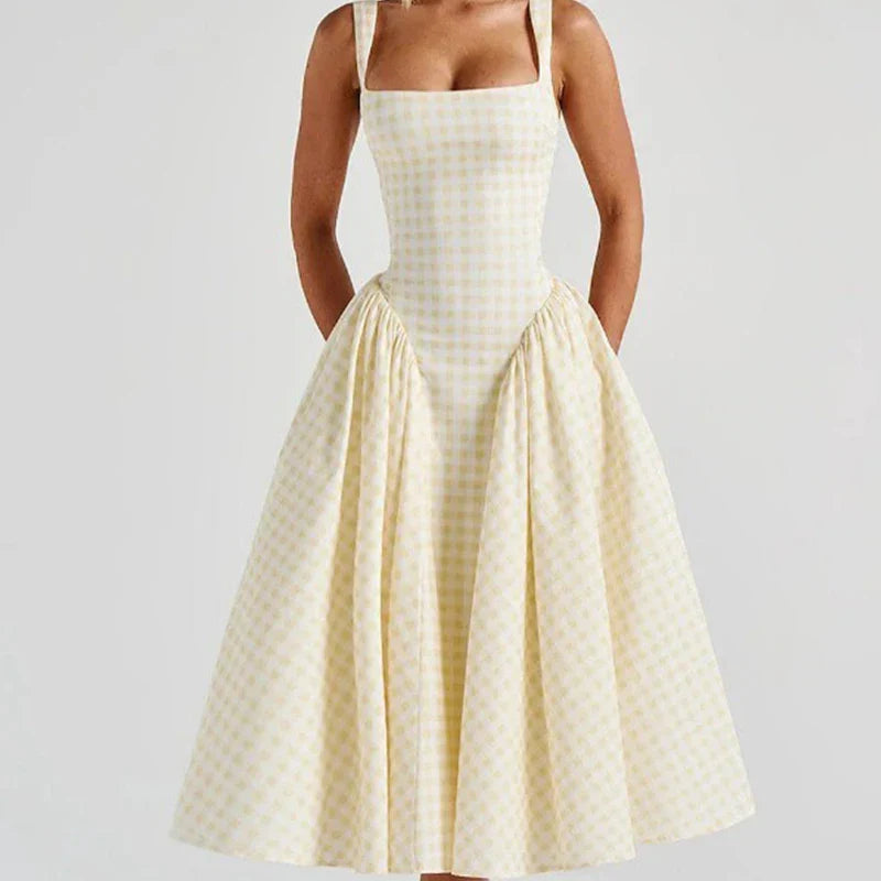Plaid LaceUp Sling ALine Midi Dress