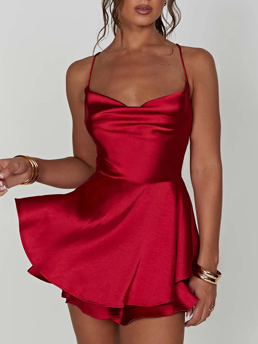 Cowl Satin Neck Tie Back Romper Mini Dress