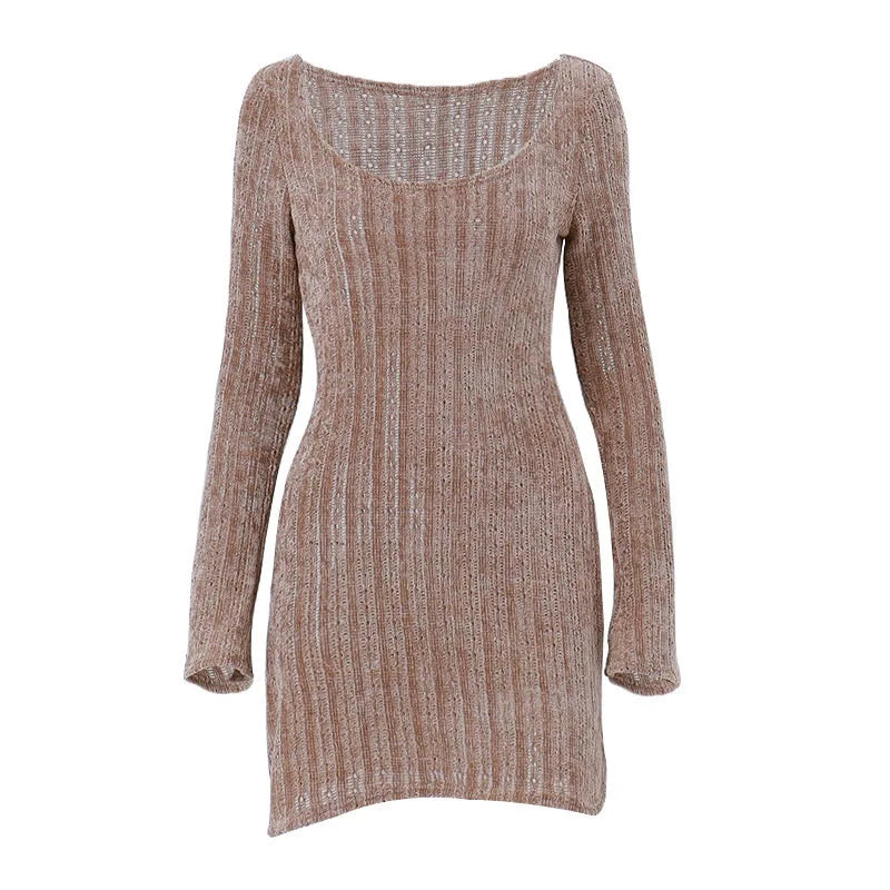 Sexy Autumn Long Sleeve Dresses Classic Brown Y2k Mini Dress Women's Clothing Outfit Solid Bodycon Short Streetwear Clothes