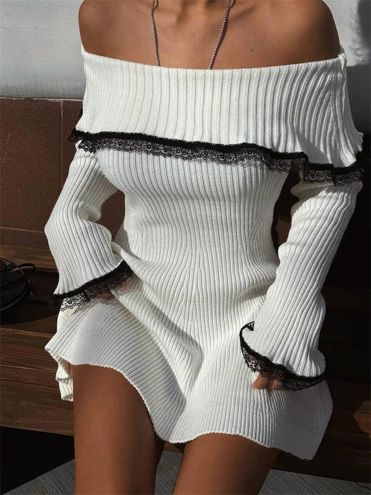 Knit Off Shoulder Sweater Mini Dress Women's Lace Patchwork Ribbed Slim Backless Graceful Party Dress Knitwear Mini Dress