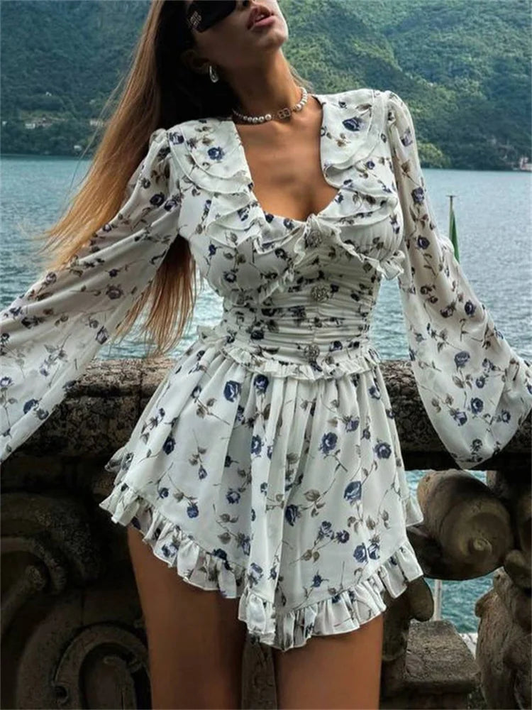 Ruffled TAVIMART V Neck Printed Mini Dress Female Bandage Autumn Fashion Lace Up Contrast Drawstring Dress For Women Party Dress