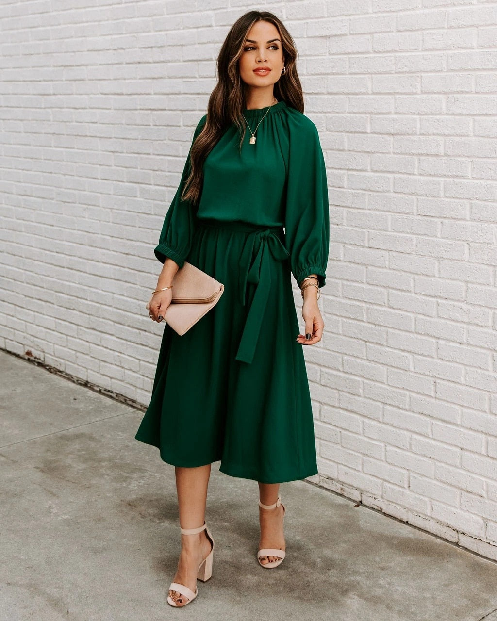 Refined Office Dress Formal Loose Green Long Sleeve Belt ALine Midi Dresses