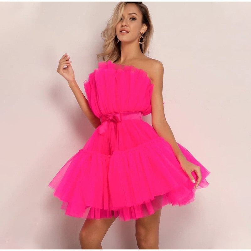 Kissnovaa - Off Shoulder Mesh Tutu Dress Bodycon Lace Short Dress