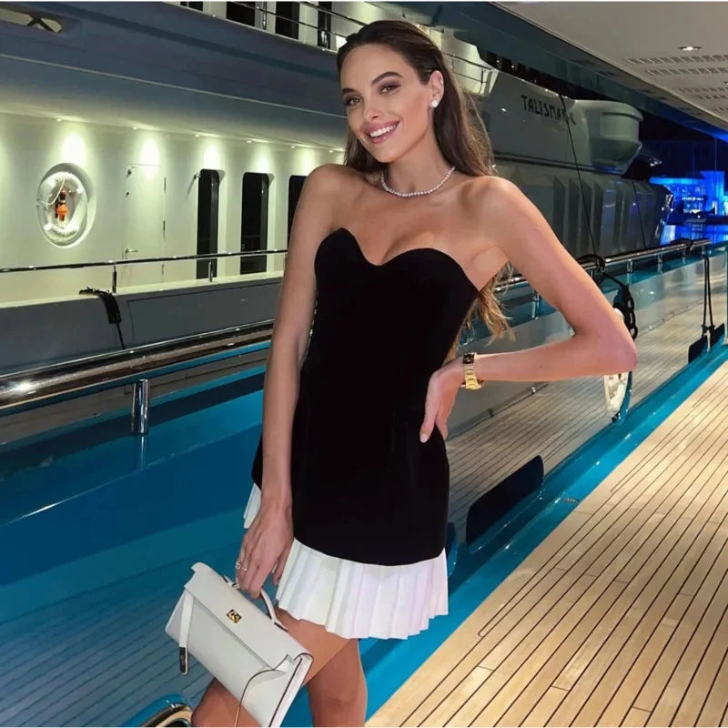 Sexy Strapless Velvet Patchwork Pleated Mini Dress Women Refined Off Shoulder Backless Slim Vestidos Evening Party Gown