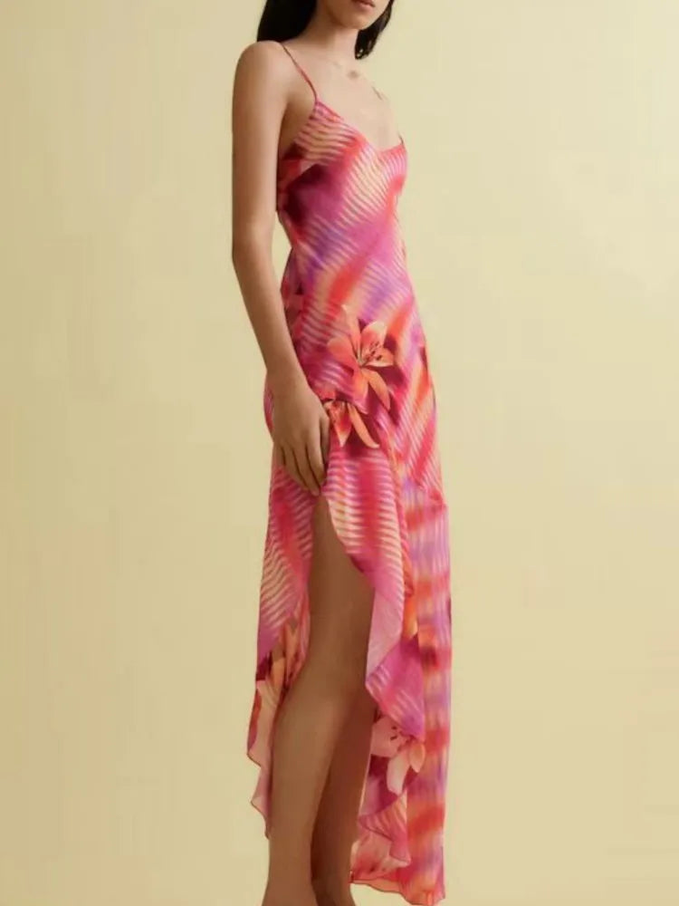 Flower Chic Printed V Neck Beach Midi Dress