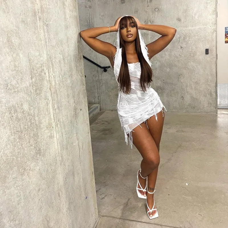 Hooded Tassel Slim Solid Mini Dress