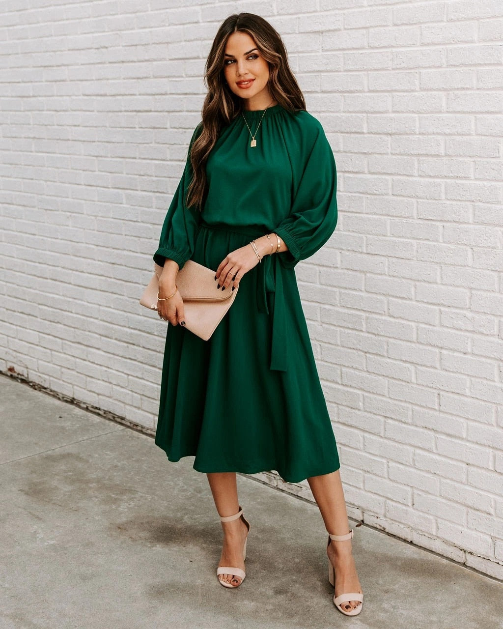 Refined Office Dress Formal Loose Green Long Sleeve Belt ALine Midi Dresses