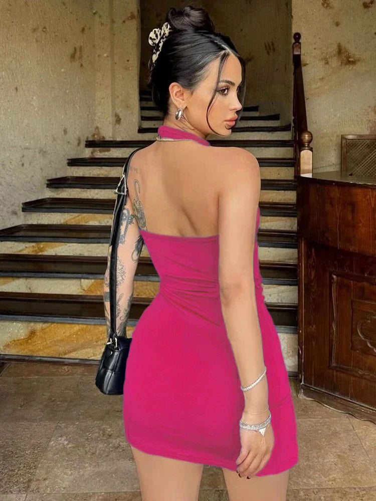 Halter Knit Backless Slit Neck Mini Dress