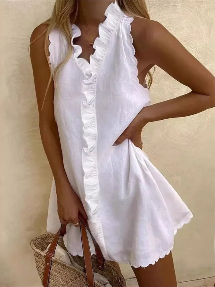 Linen Cotton Ruffle Sleeveless Mini Dress