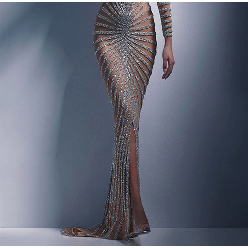 Kissnovaa - Mesh Sequins Split Fishtail V Neck Long Sleeve Maxi Dress