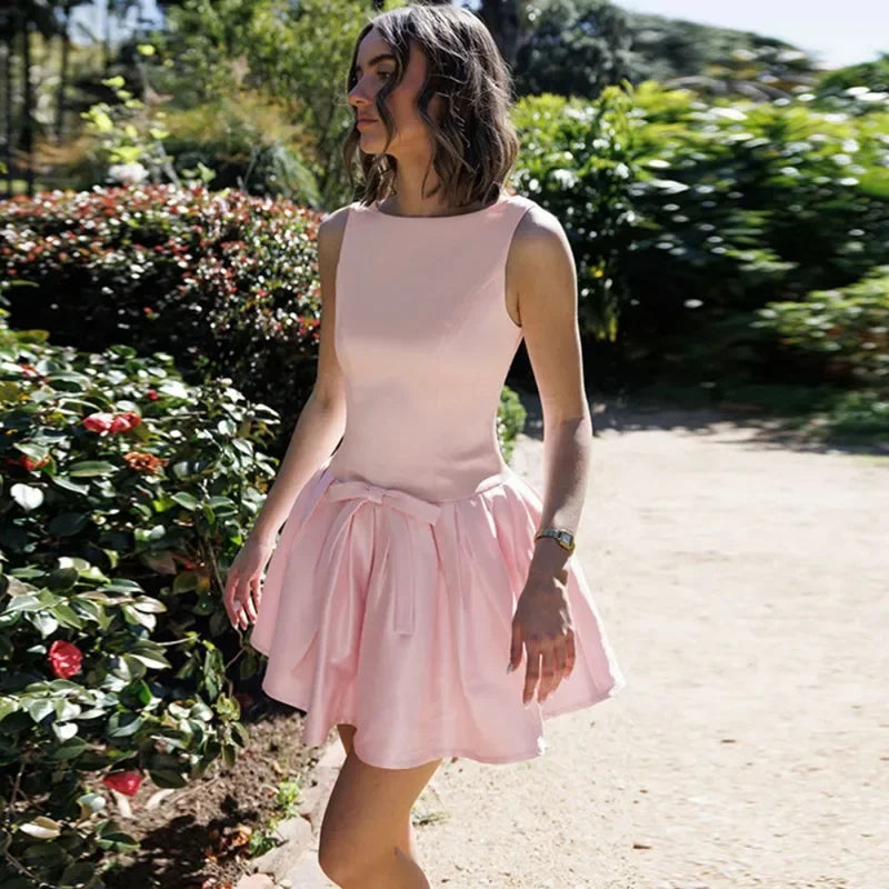 Backless Bow Pleated Sleeveless Mini Dress